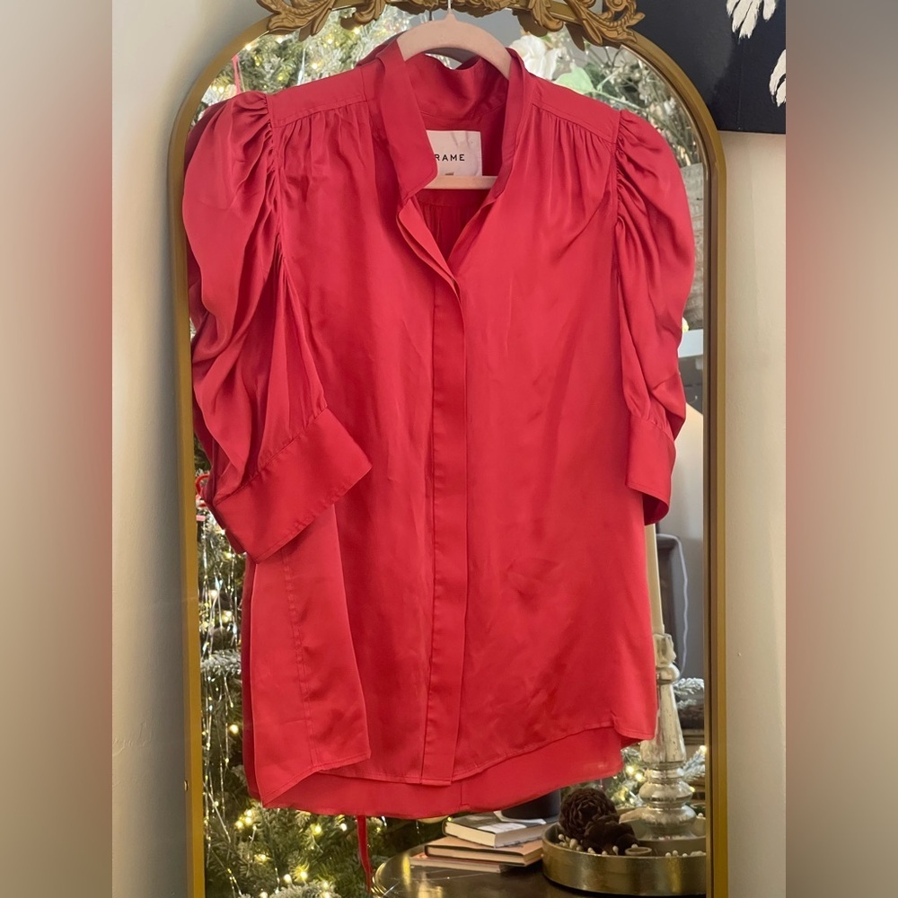 Frame Denim 100% Silk Gillian Pink Blouse with Puff Sleeves Flaws